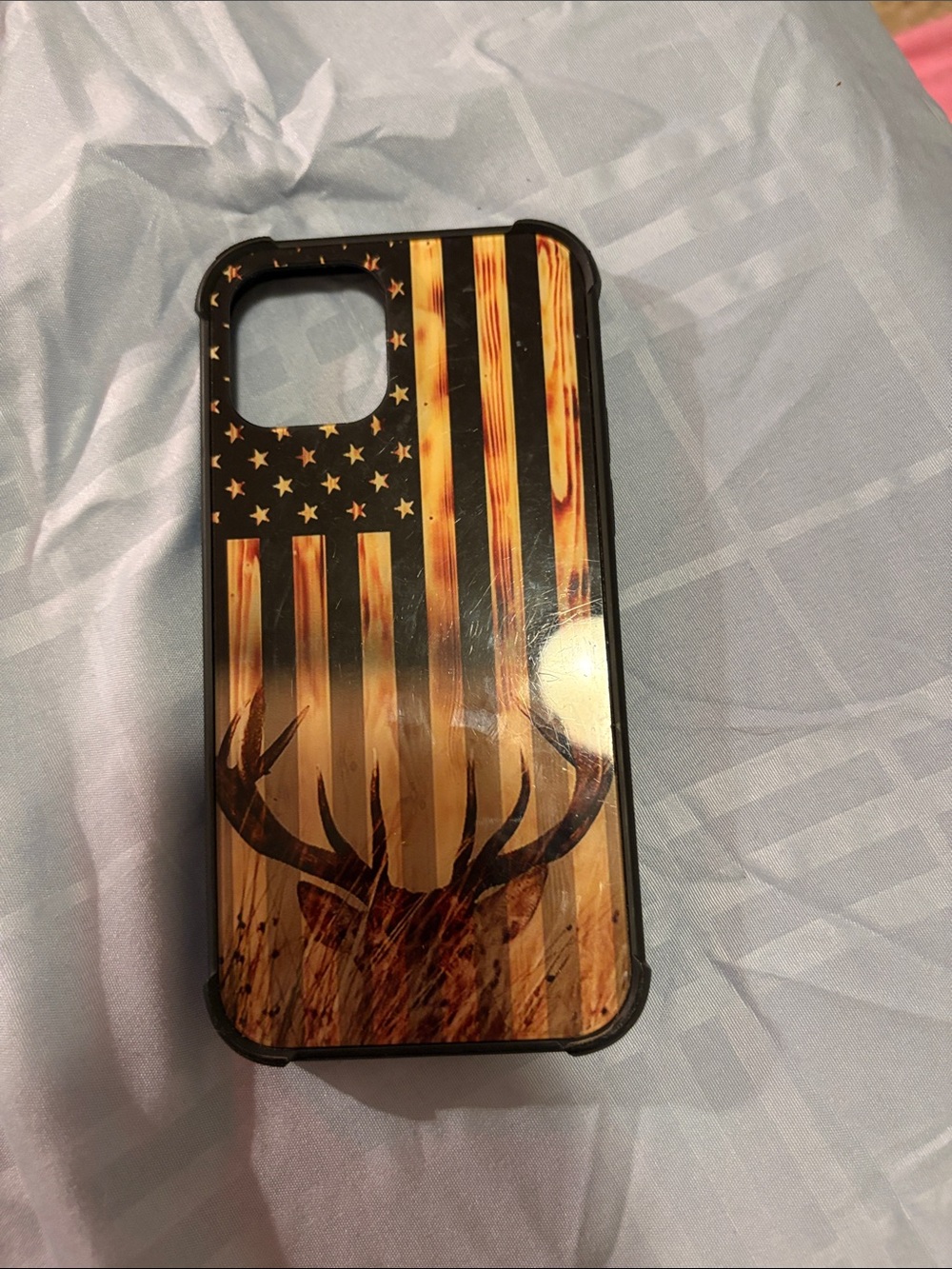 Rugged Wood American Flag Deer Antler Phone Case - Brown iPhone 12